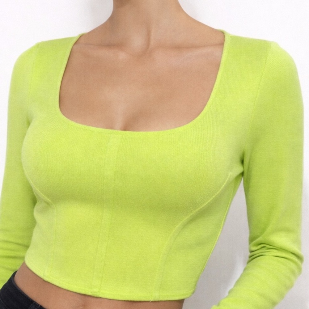 Boutique Lime Green Long Sleeve Square Neck Top